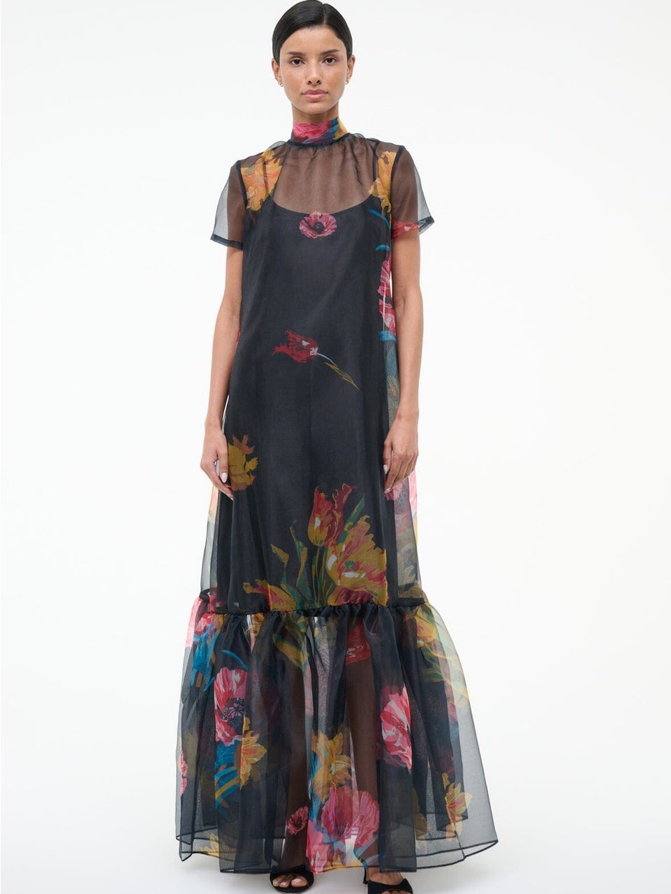 Staud Black Floral Sheer Maxi Dress With Multicolor Blooms